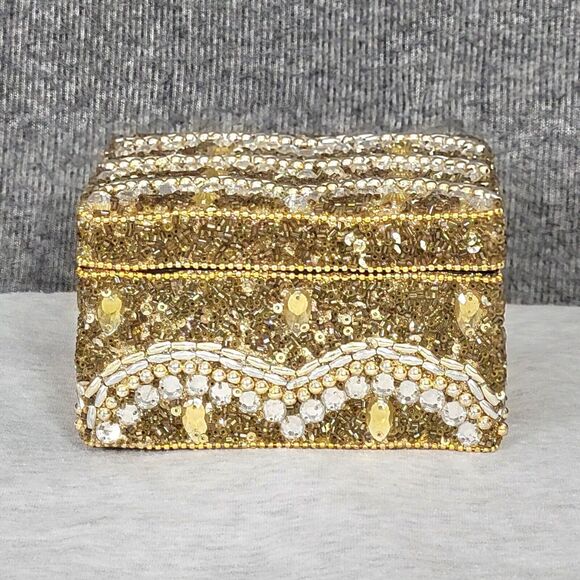 Beaded Trinket Box Gold Glass Jewelry Keepsake Jeweled Mosaic - Picture 1 of 10
